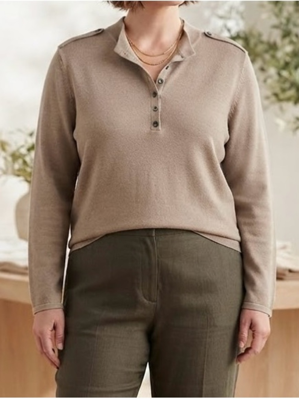 J.Jill Sweater Knit Henley Top Epaulette Shoulders Taupe 4X